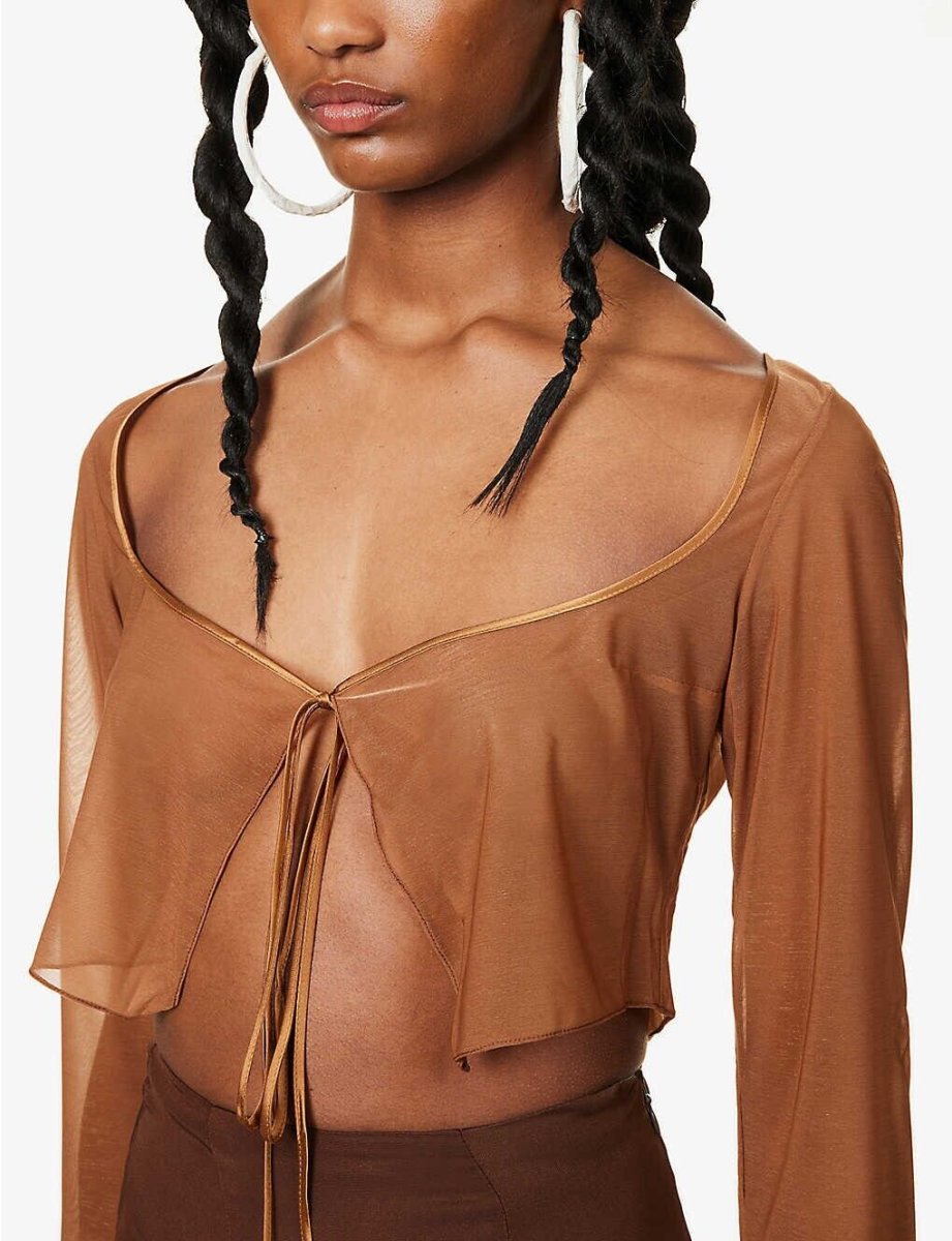 MIRROR PALAIS Caramel Brown Sheer Silk Tie Corset Cover Top - Imagen 3