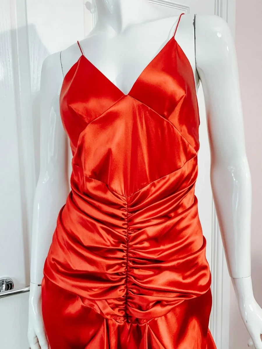 Alexandre Vauthier Ruby Red Ruched Strappy Silk Satin Dress - Imagen 7