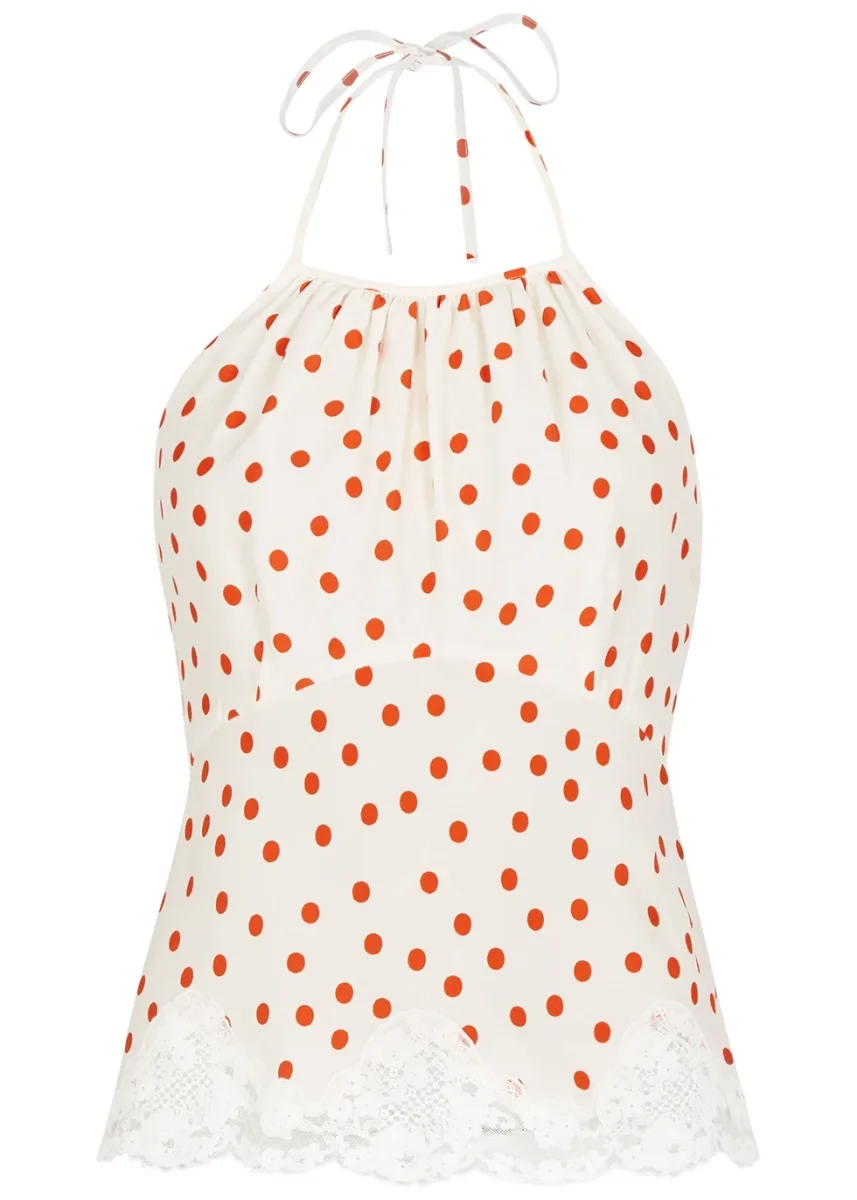 Rixo London Vienna White Open Back Halterneck Lace Trim Red Spotted Top - Imagen 6