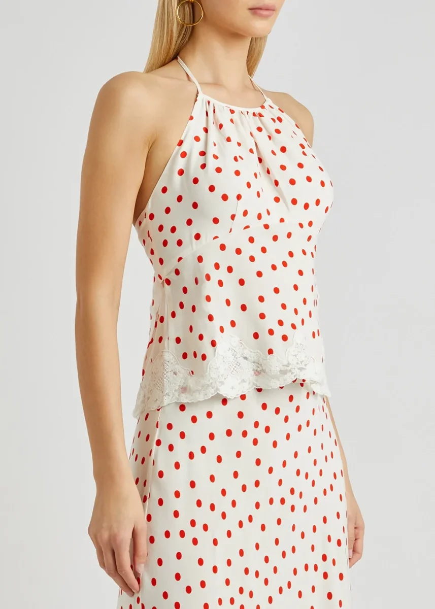 Rixo London Vienna White Open Back Halterneck Lace Trim Red Spotted Top - Imagen 3