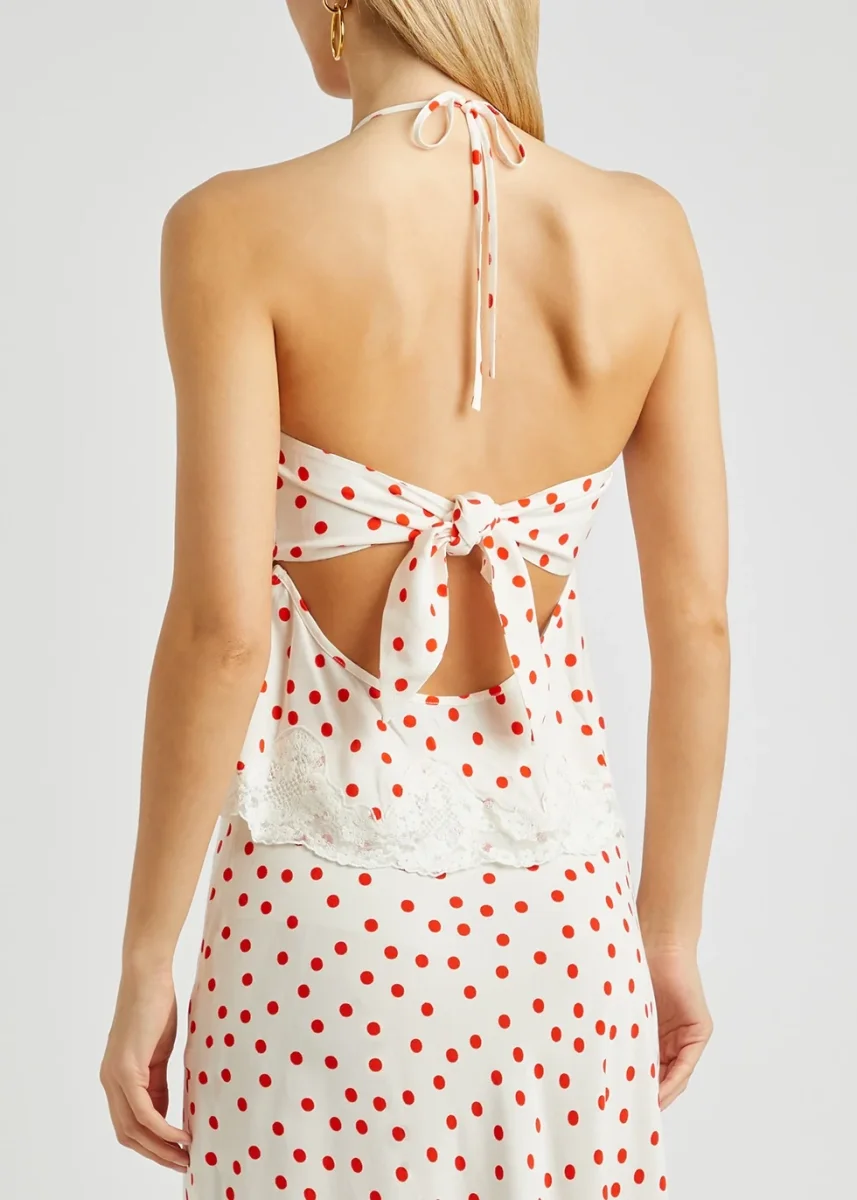 Rixo London Vienna White Open Back Halterneck Lace Trim Red Spotted Top - Imagen 4