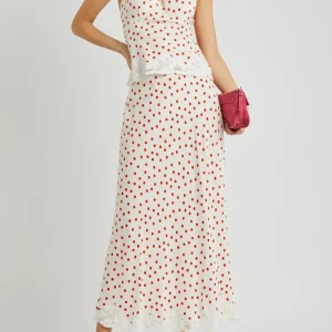 Rixo London Vienna White Open Back Halterneck Lace Trim Red Spotted Top