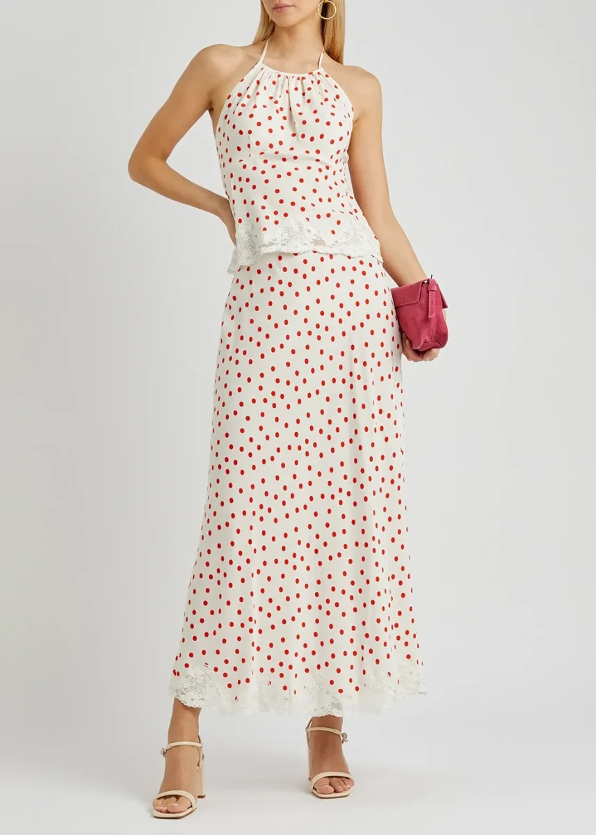 Rixo London Vienna White Open Back Halterneck Lace Trim Red Spotted Top