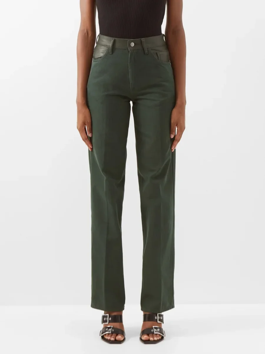 MAXIMILLIAN DAVIES Forest Green Leather Trim Spain Jeans - Imagen 3
