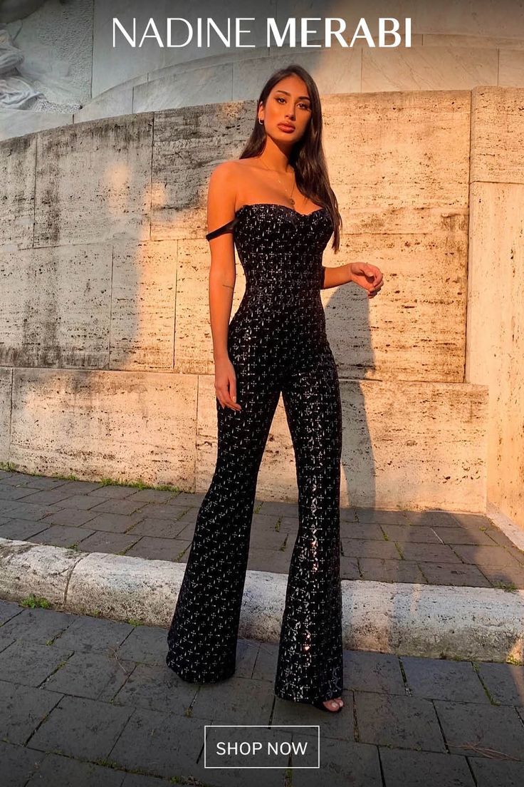 Nadine MerabI Black Hailey Embroidered Sequinned Sweetheart Neck Flare Jumpsuit - Imagen 3
