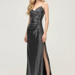 AZZARO Atelier Metallic Strappy Sapphire Powder Ruched Side Slit Slip Raquel Dress