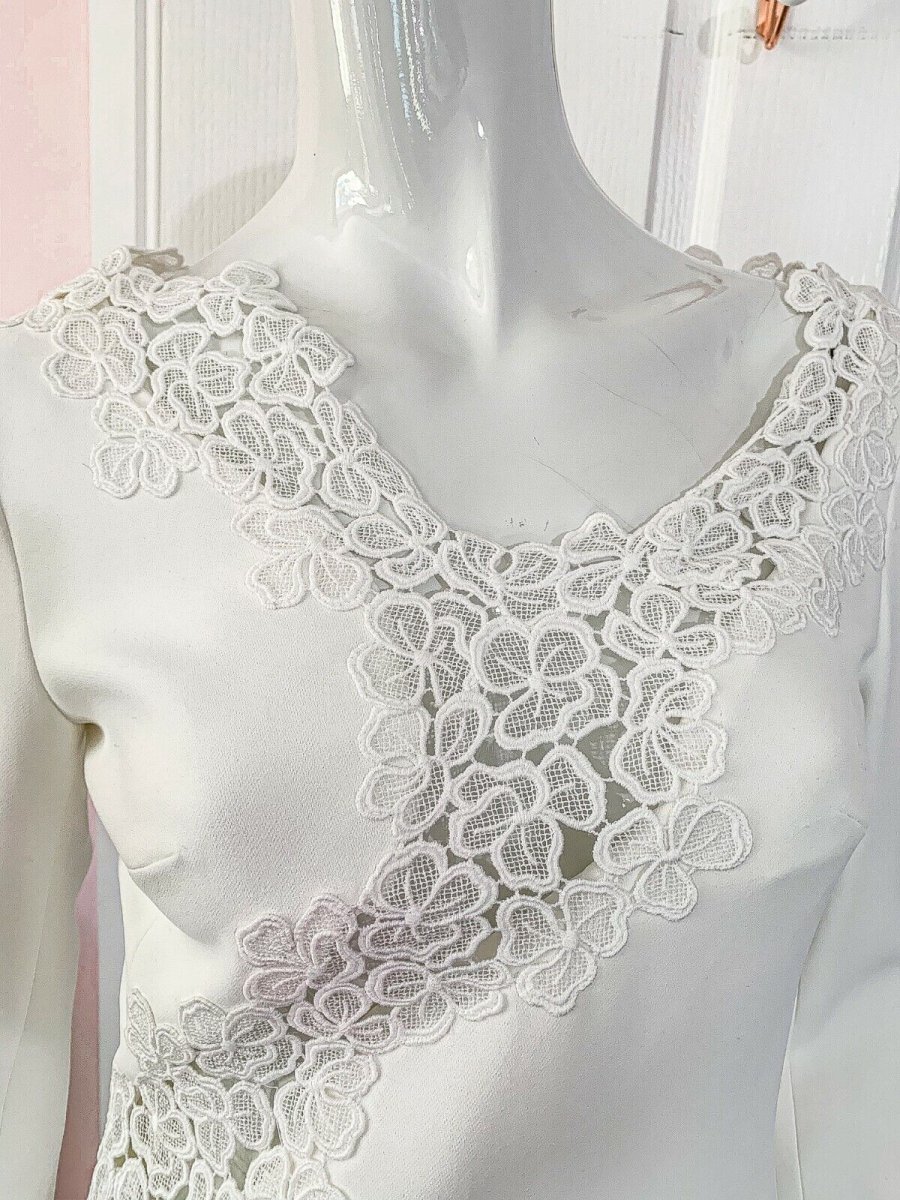DAVID KOMA White Crepe Lace Macrame Trim Dress - Imagen 4