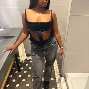 MUGLER Denim Cut-Out Detail Square Neck Corset Top