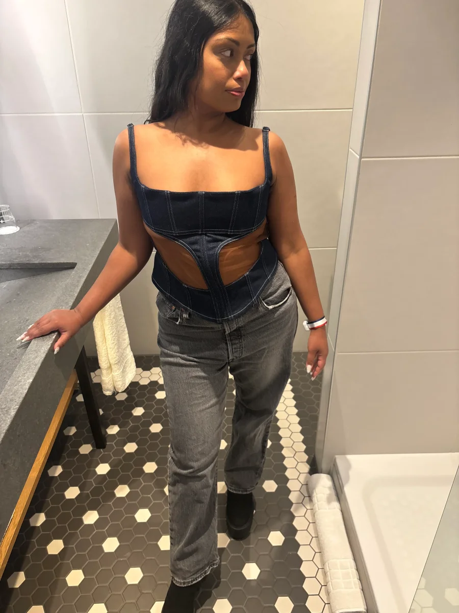 MUGLER Denim Cut-Out Detail Square Neck Corset Top - Imagen 2