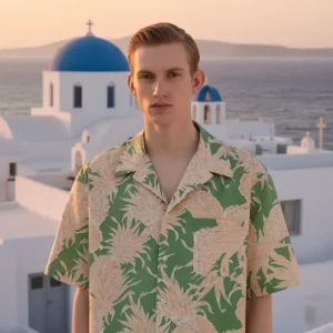 Valentino Green Pineapple Print Cotton Hawaiian Bowling Shirt