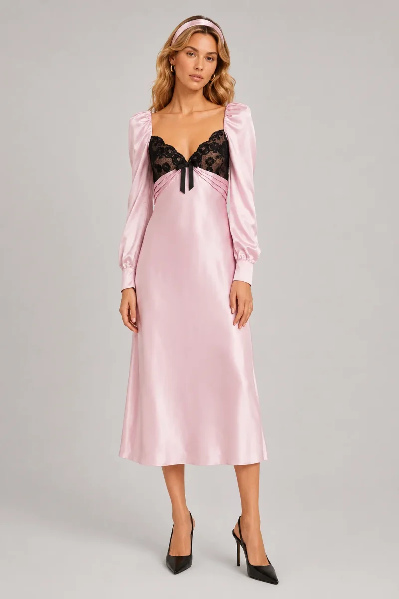 Alessandra Rich Pink Lace Trimmed Silk Satin Midi Dress - Imagen 2
