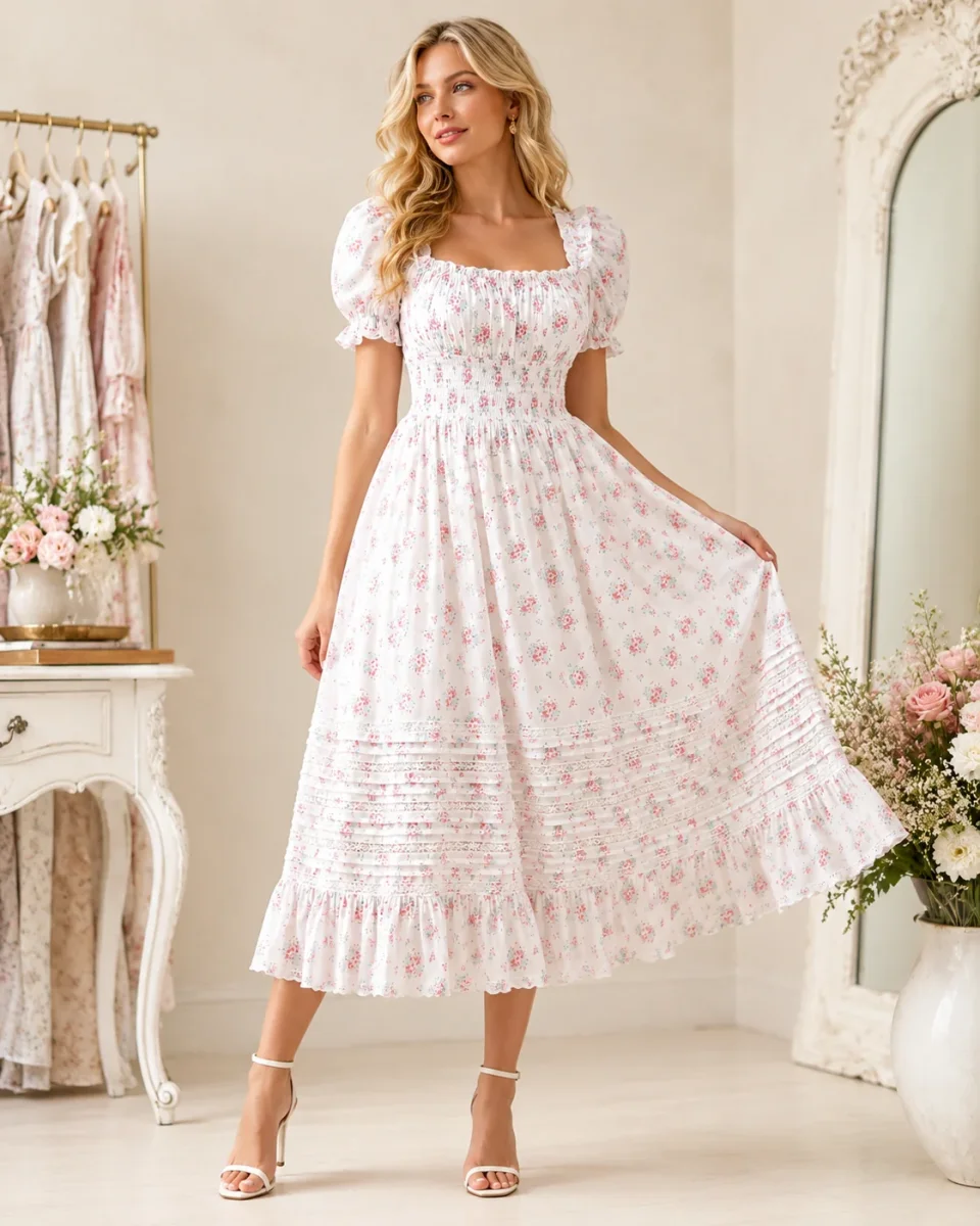 Amy Jane London Floral Print Square Neck Puff Sleeve Dolly dress - Imagen 6