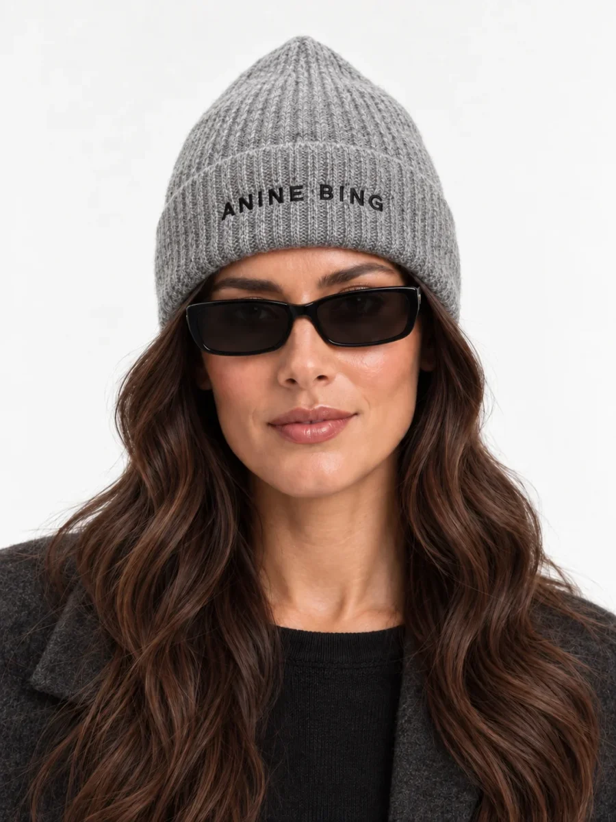 Anine Bing Elia Logo Embroidered Alpaca Wool Blend Ribbed Grey Beanie Hat