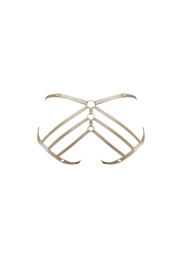 Bordelle Art Deco Ouvert Strap Caramel Satin 24k Gold Plated Detail Briefs - Imagen 3