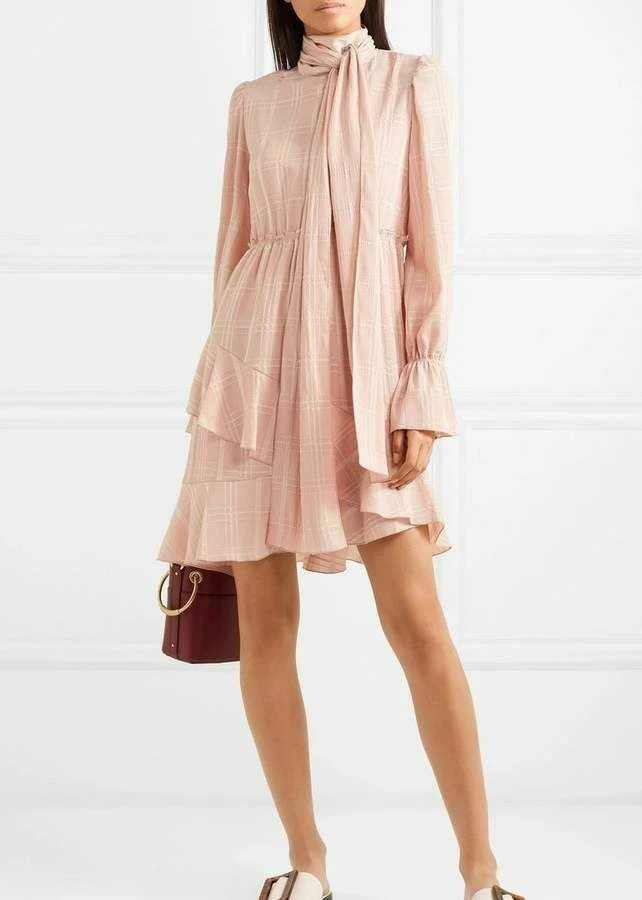 SEE BY CHLOE Pink Georgette Check Ascot Tie Ruffle Flouncy Dress - Imagen 3