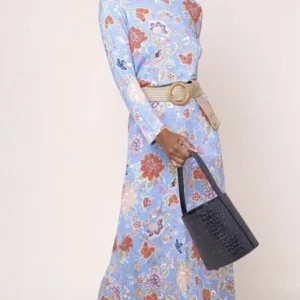 Rixo London Elise Blue Floral Peony Print High Neck Dress