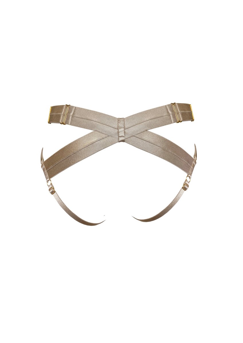 Bordelle Signature Satin Bondage Harness Open Back Caramel Brief - Imagen 3