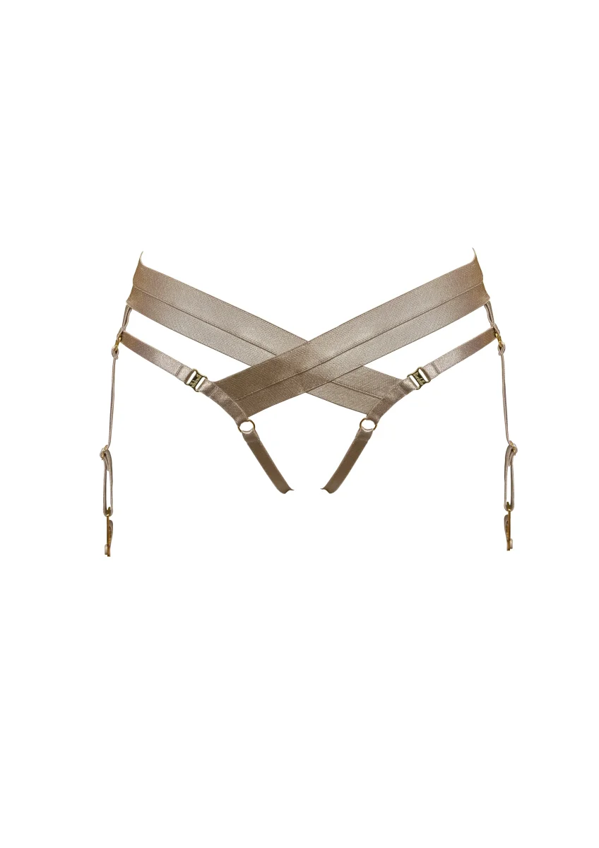 Bordelle Signature Satin Bondage Harness Open Back Caramel Brief - Imagen 2