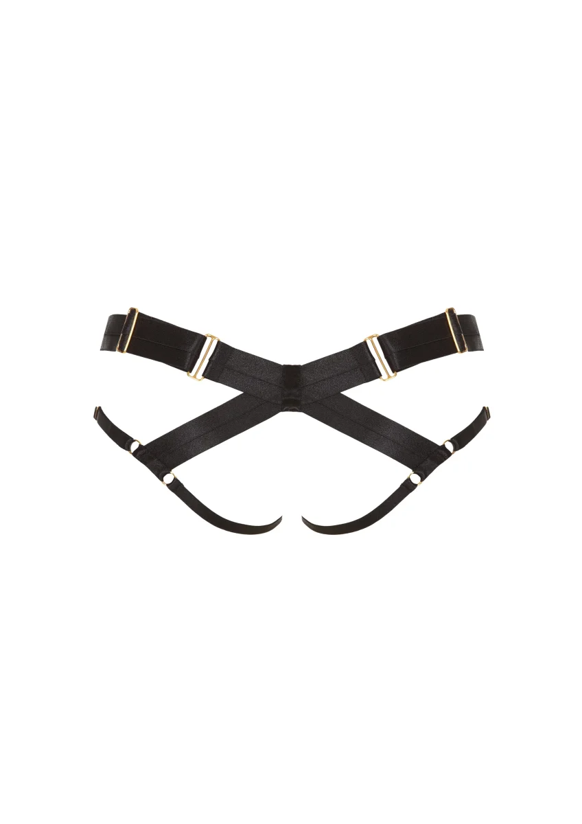Bordelle Signature Satin Bondage Harness Open Back Black Brief - Imagen 3