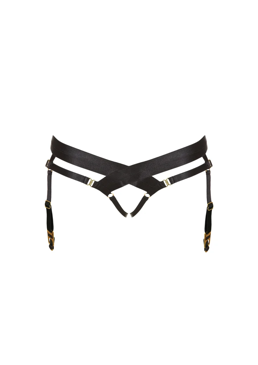 Bordelle Signature Satin Bondage Harness Open Back Black Brief