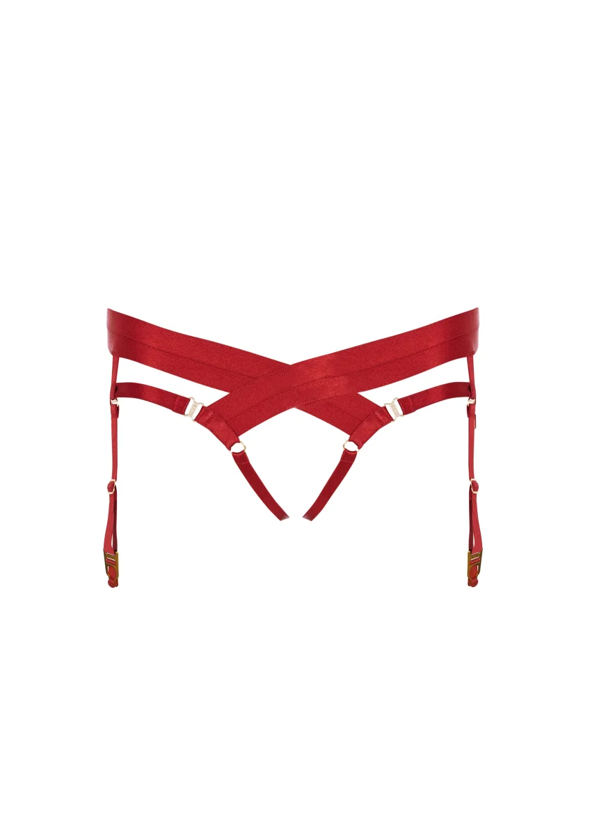Bordelle Signature Satin Bondage Harness Open Back Red Brief - Imagen 2