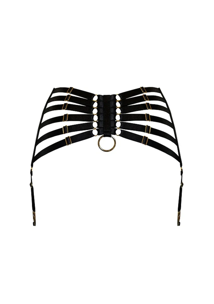 Bordelle Signature Webbed Satin Strappy Bondage Harness Black Suspenders - Imagen 3