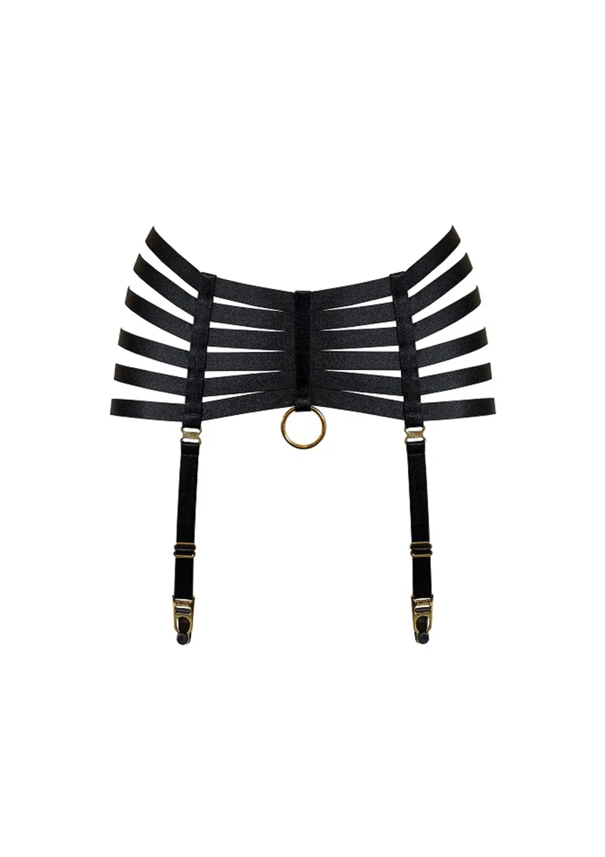 Bordelle Signature Webbed Satin Strappy Bondage Harness Black Suspenders - Imagen 2
