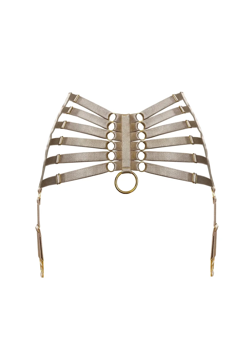 Bordelle Signature Webbed Satin Strappy Bondage Harness Caramel Suspenders - Imagen 3