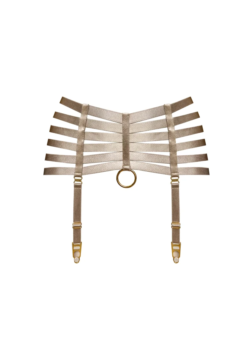Bordelle Signature Webbed Satin Strappy Bondage Harness Caramel Suspenders - Imagen 2