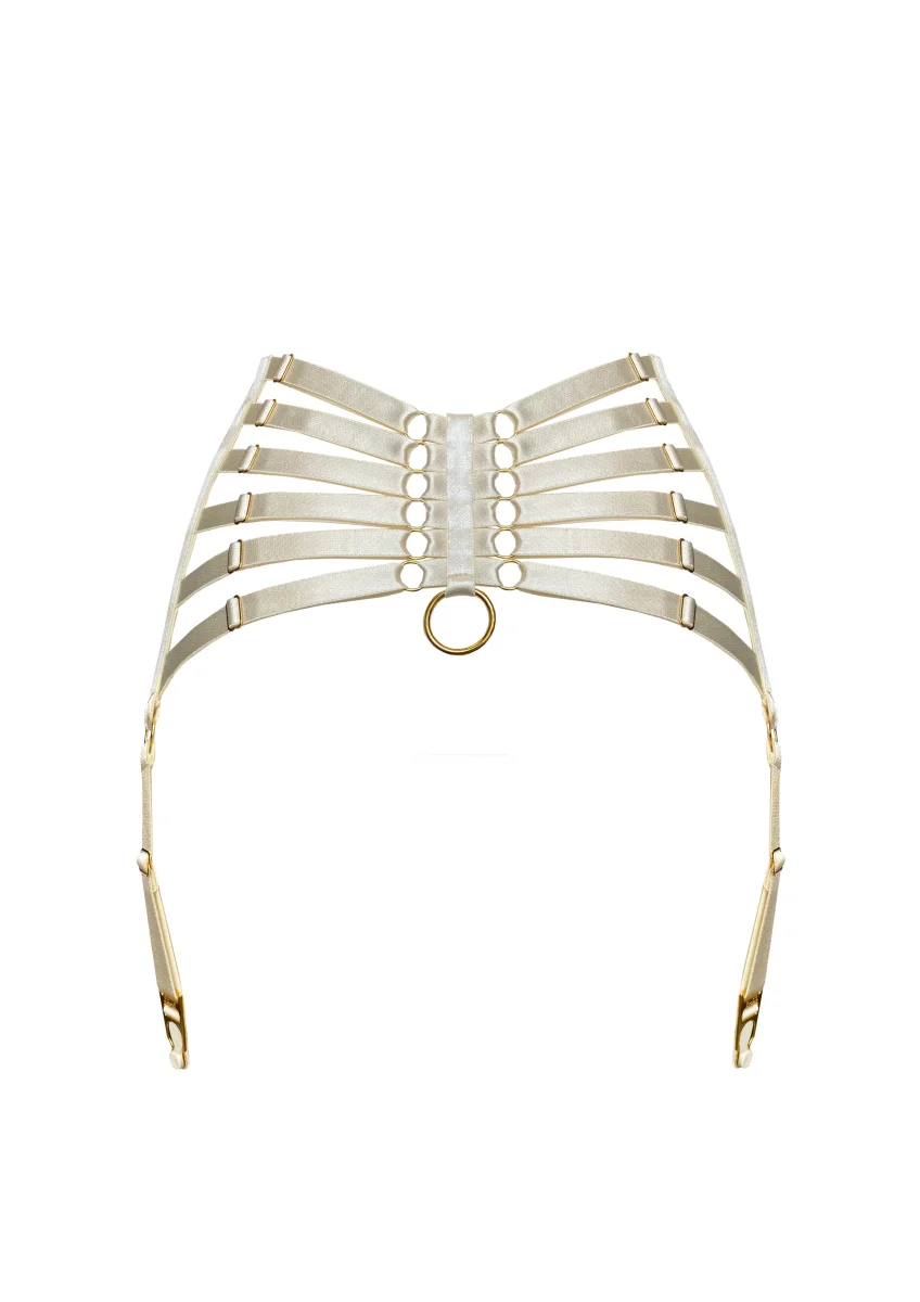 Bordelle Signature Webbed Satin Strappy Bondage Harness Cream Suspenders - Imagen 3