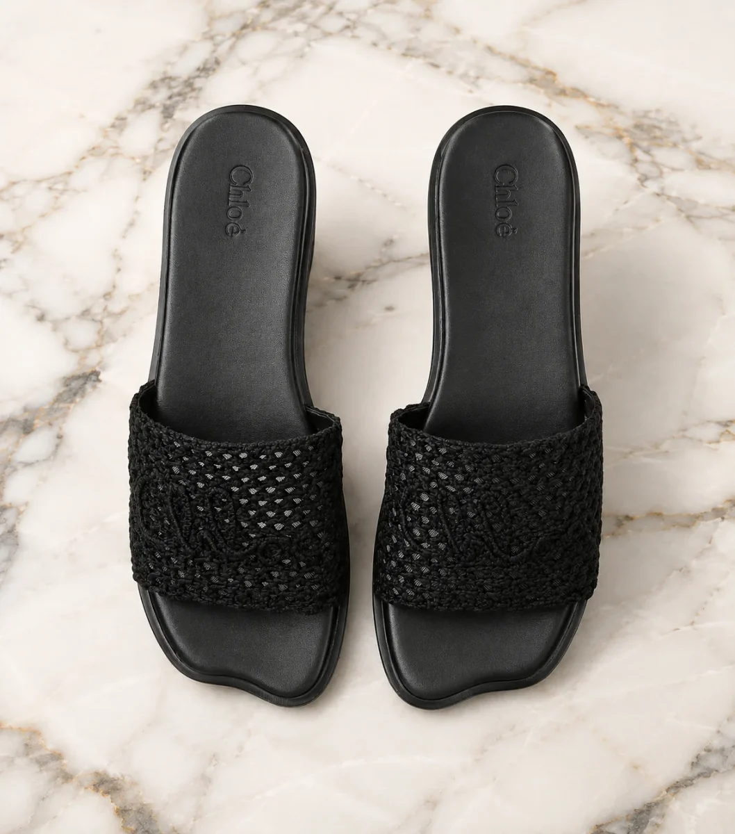 Chloé Logo Black Crochet Soleil Sandals