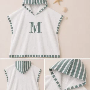 Poncho playa blanco y rayas verdes personalizable