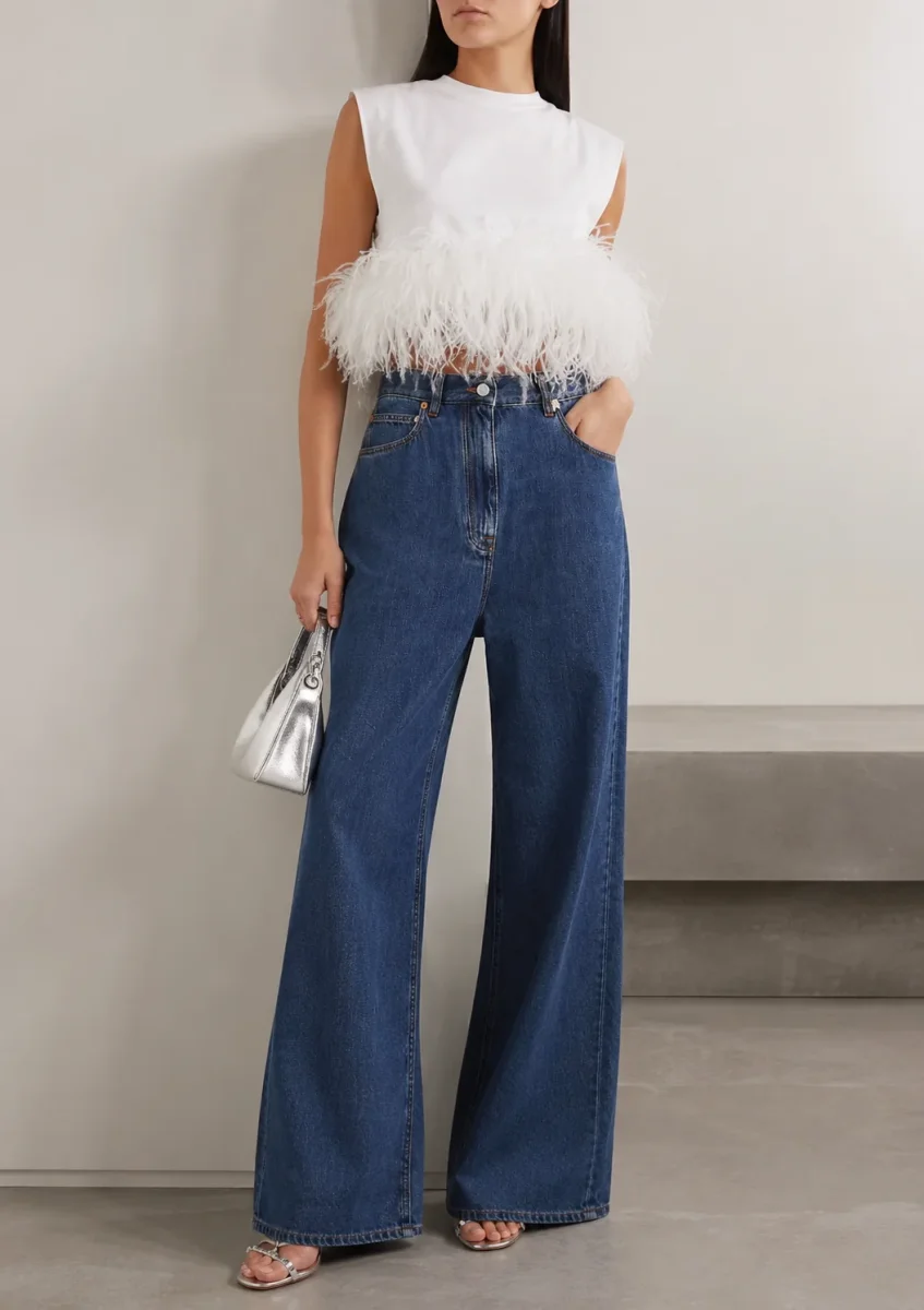 Valentino Garavani White Feather Trim Crop Top
