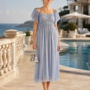 Rixo London Bridal Blue Tulle Beaded Detail Dress