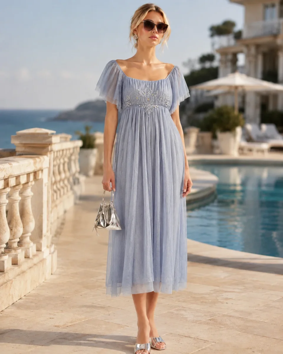 Rixo London Bridal Blue Tulle Beaded Detail Dress - Imagen 2
