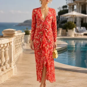 Rixo London Red Rose Floral Print Open Back Dress