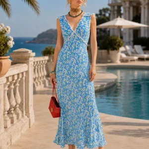 Rixo London Storm Blue Floral Lace Trim Sleeveless Crepe Dress