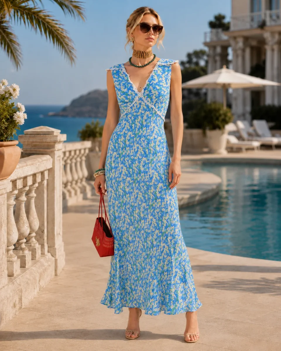 Rixo London Storm Blue Floral Lace Trim Sleeveless Crepe Dress - Imagen 2
