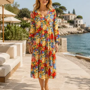 Rixo London Camellia Floral Print Long Sleeve Crepe Midi Dress