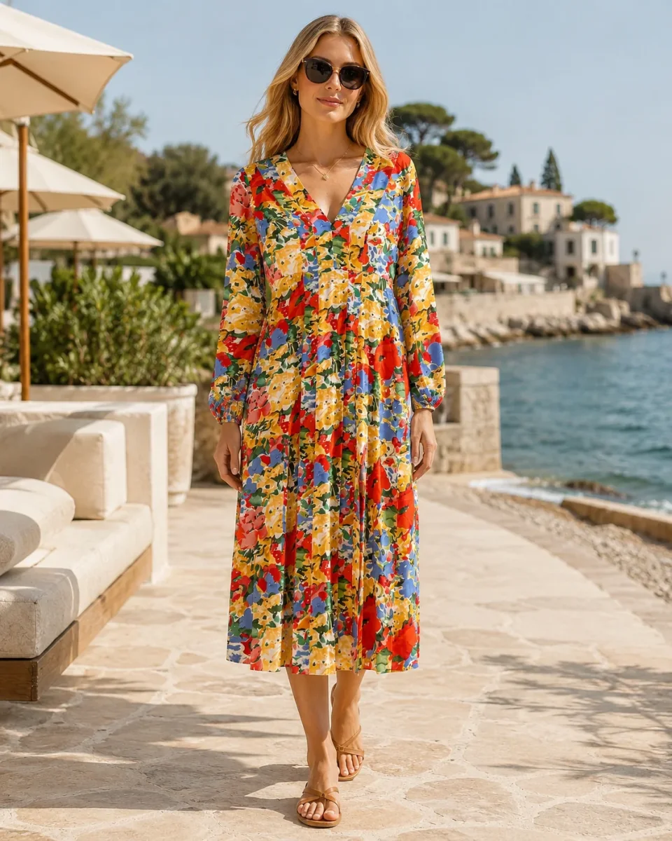 Rixo London Camellia Floral Print Long Sleeve Crepe Midi Dress