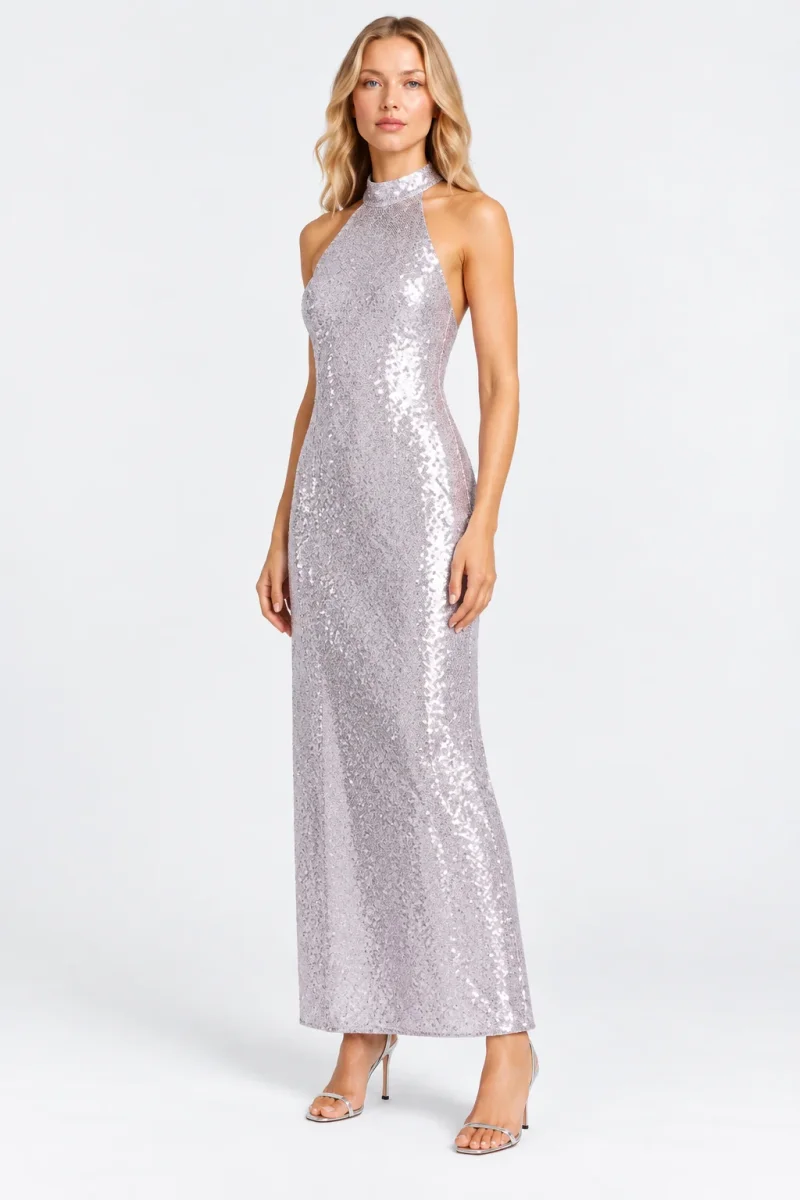 Rixo London Purple Zuri Sequined Halterneck Maxi Dress