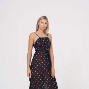 Rixo London Misty Black Ditsy Floral Print Summer Wrap Dress