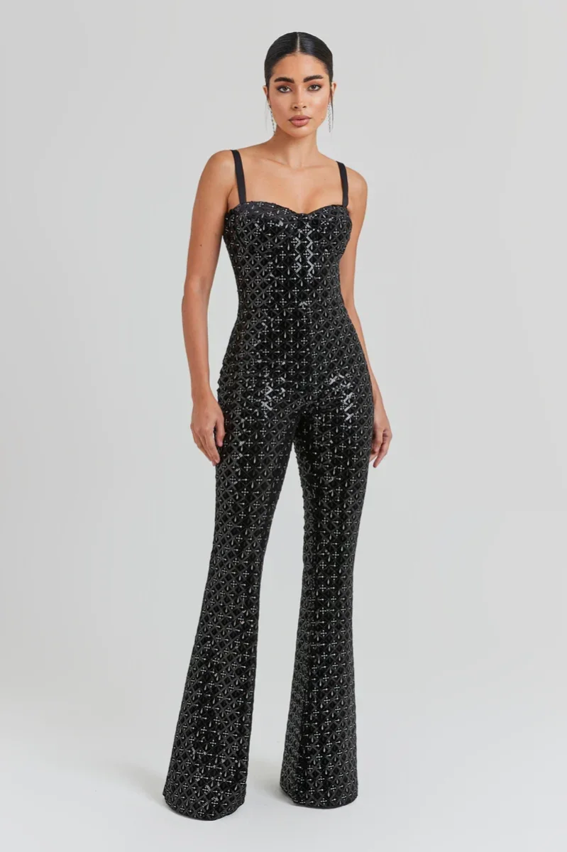 Nadine MerabI Black Hailey Embroidered Sequinned Sweetheart Neck Flare Jumpsuit - Imagen 5