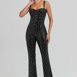 Nadine MerabI Black Hailey Embroidered Sequinned Sweetheart Neck Flare Jumpsuit