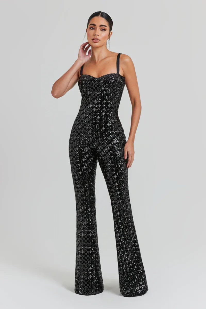 Nadine MerabI Black Hailey Embroidered Sequinned Sweetheart Neck Flare Jumpsuit - Imagen 2