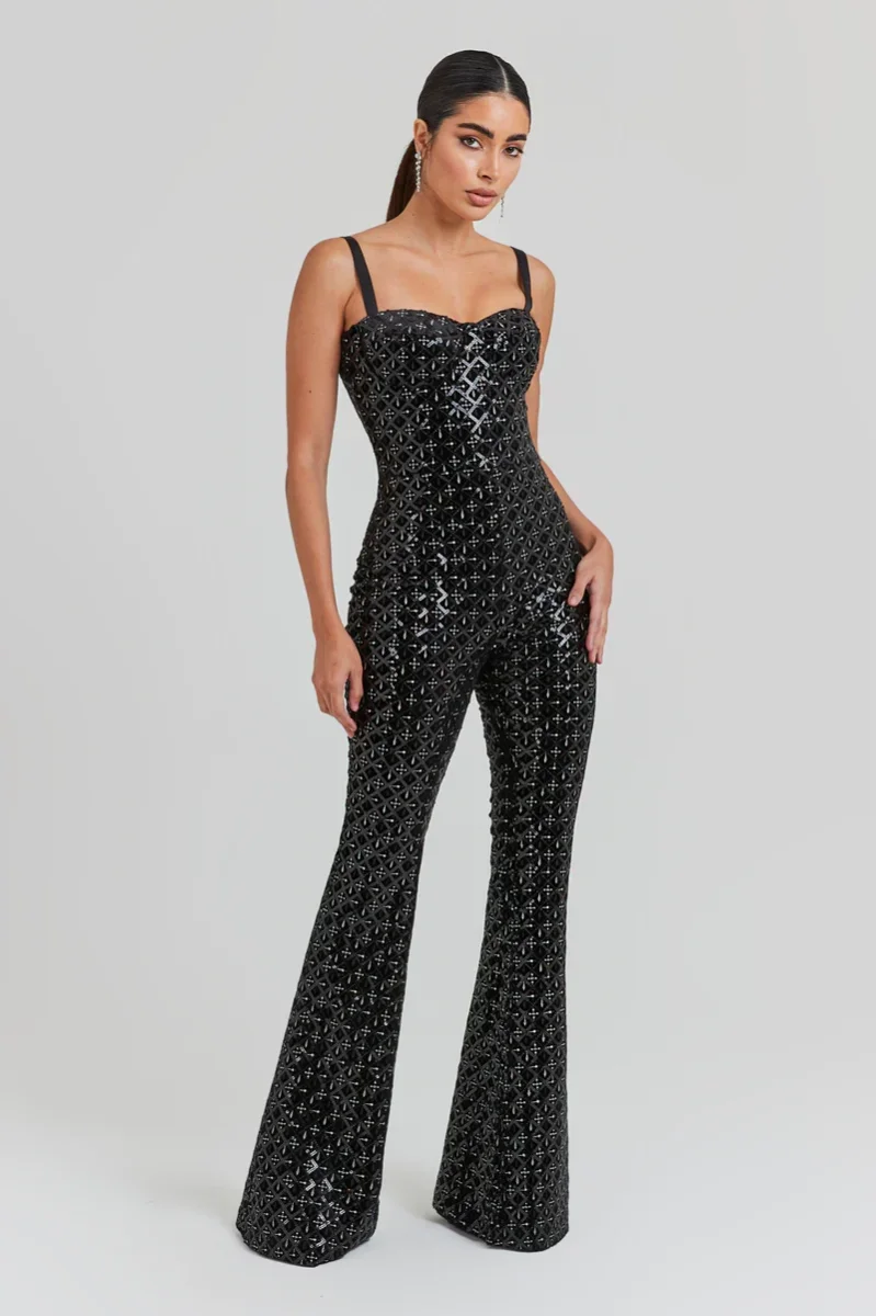 Nadine MerabI Black Hailey Embroidered Sequinned Sweetheart Neck Flare Jumpsuit - Imagen 6