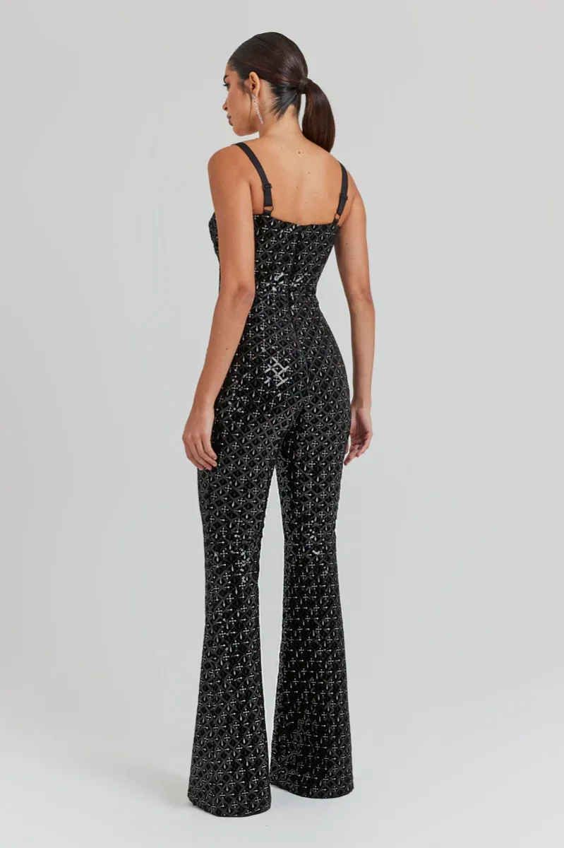 Nadine MerabI Black Hailey Embroidered Sequinned Sweetheart Neck Flare Jumpsuit - Imagen 7