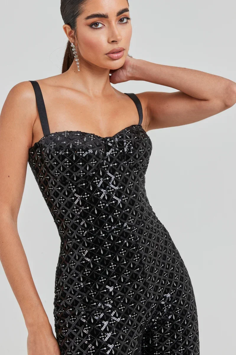 Nadine MerabI Black Hailey Embroidered Sequinned Sweetheart Neck Flare Jumpsuit - Imagen 8