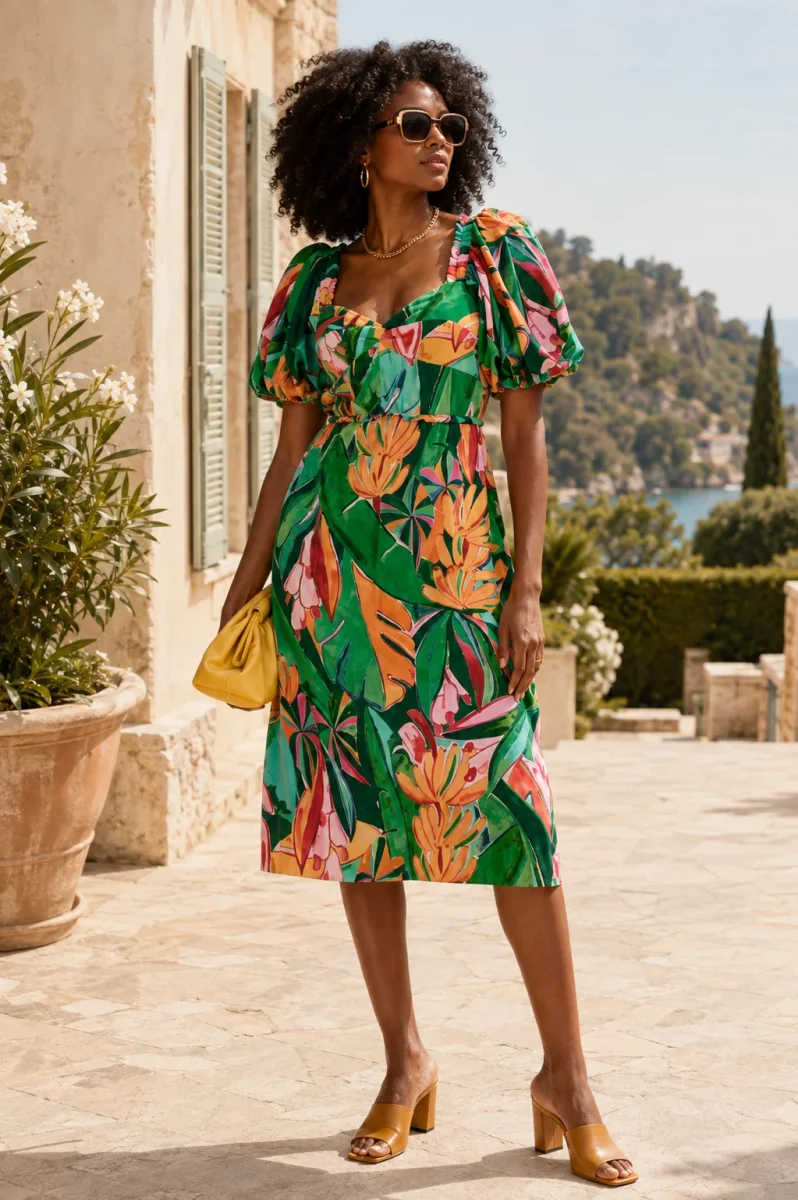 Farm Rio Banana Foliage Puff Sleeve Floral Print Dress - Imagen 9