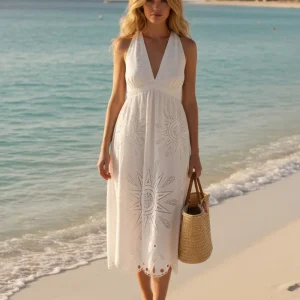 Farm Rio Richelieu Off White Broderie Anglaise Eyelet Midi Dress